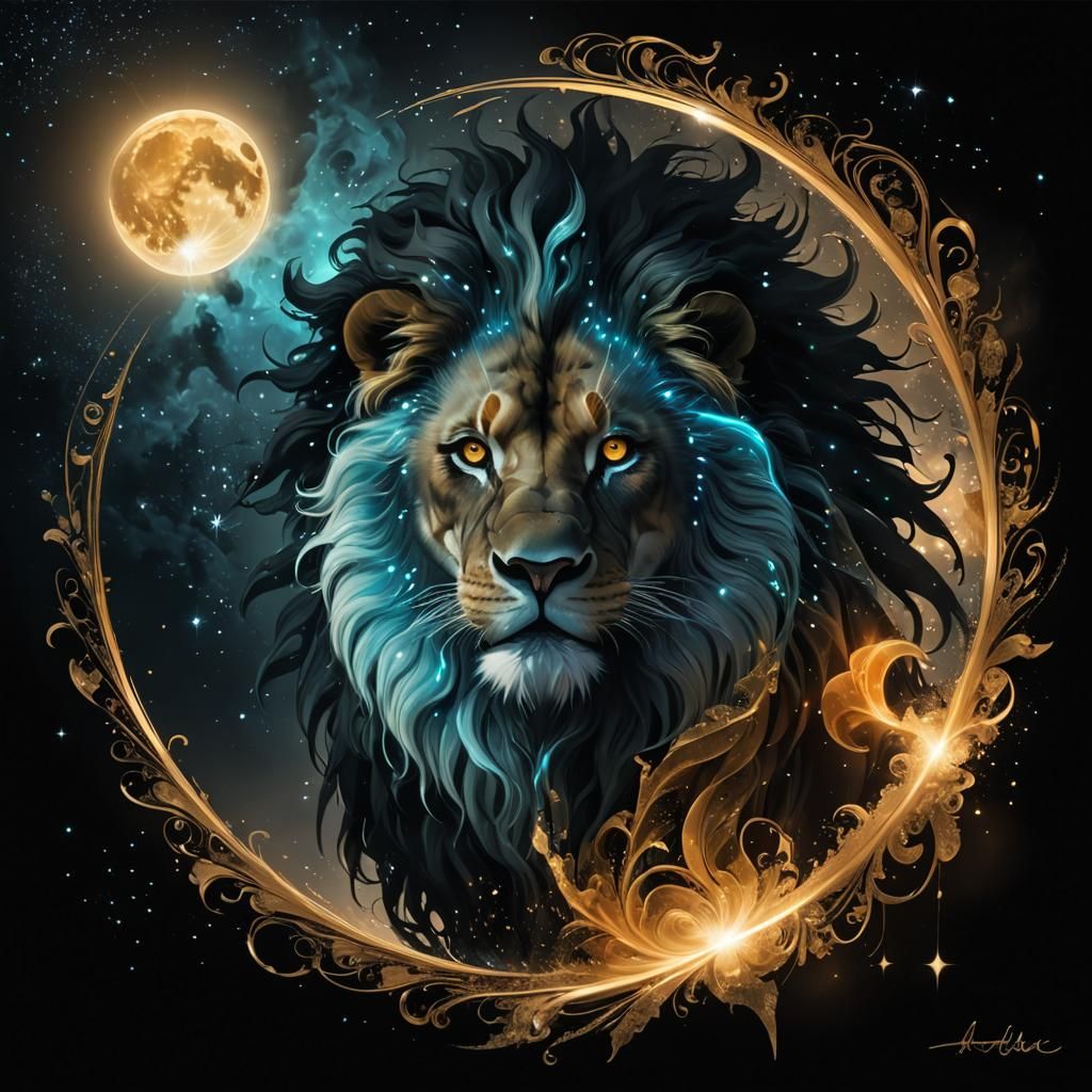 Luminous Fractal Lion in Starlight Celestial Sky