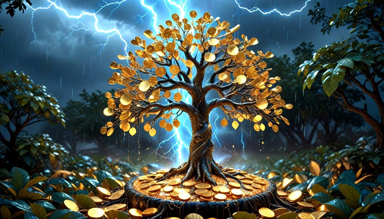 Glowing Money Tree Amidst Thunderstorm in Electric Scintilla...