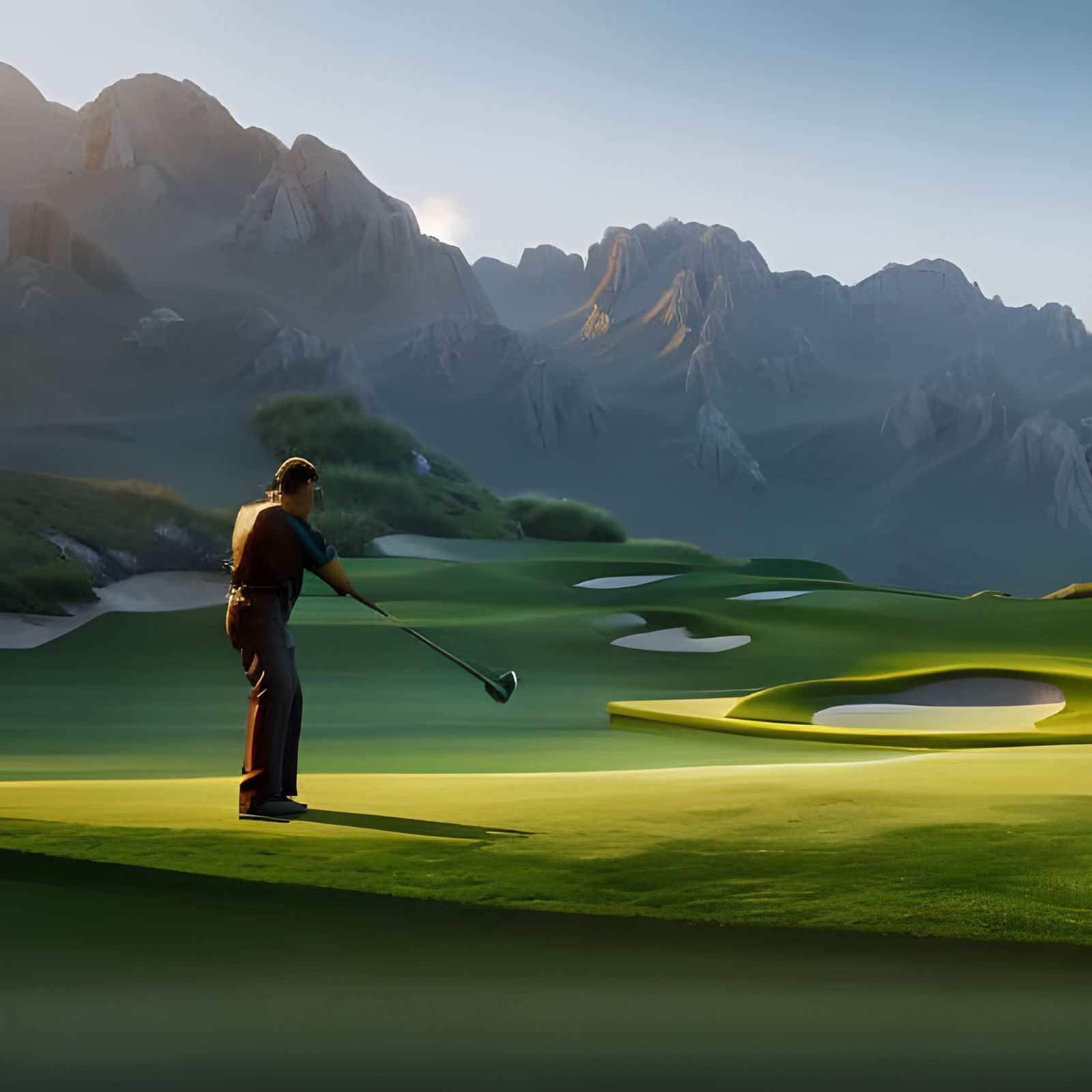 Golfer on Sunny Course: Detailed Matte Painting