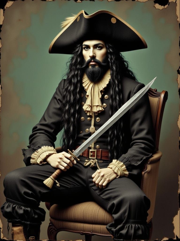 1950s Blackbeard Portrait in Tricorner Cap with Cutlass