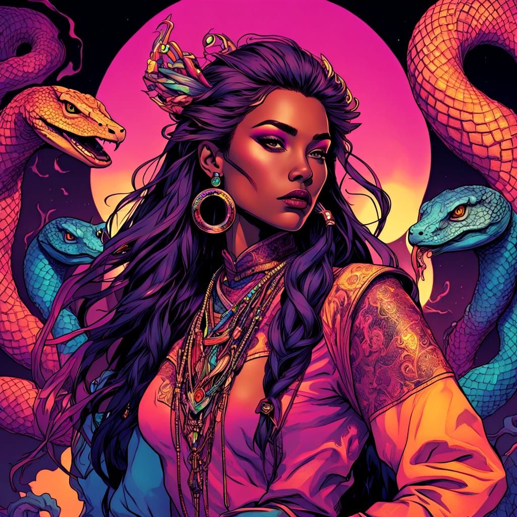 Powerful Sorceress with Magic Flames in Digital Art