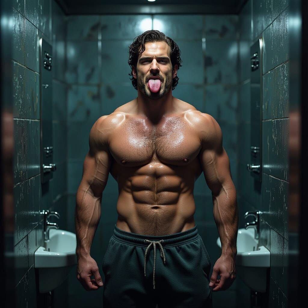 Muscular Man in Restroom, Hyperrealistic Gritty Art