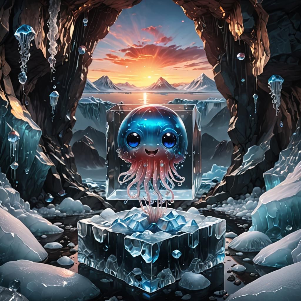 Charming Chibi Jellyfish in Ice Cube Cave