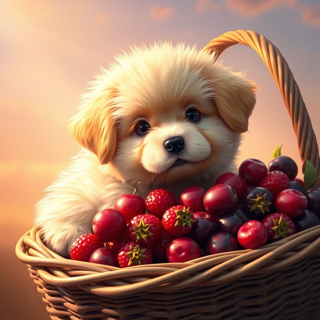 Whimsical Puppy in a Berries Wicker Basket