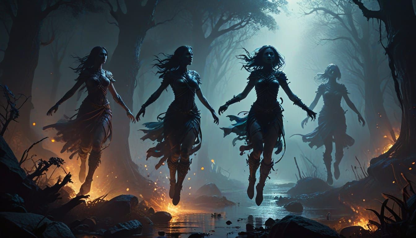 Mystical Realm: Figures Leap in Dark Fantasy Art
