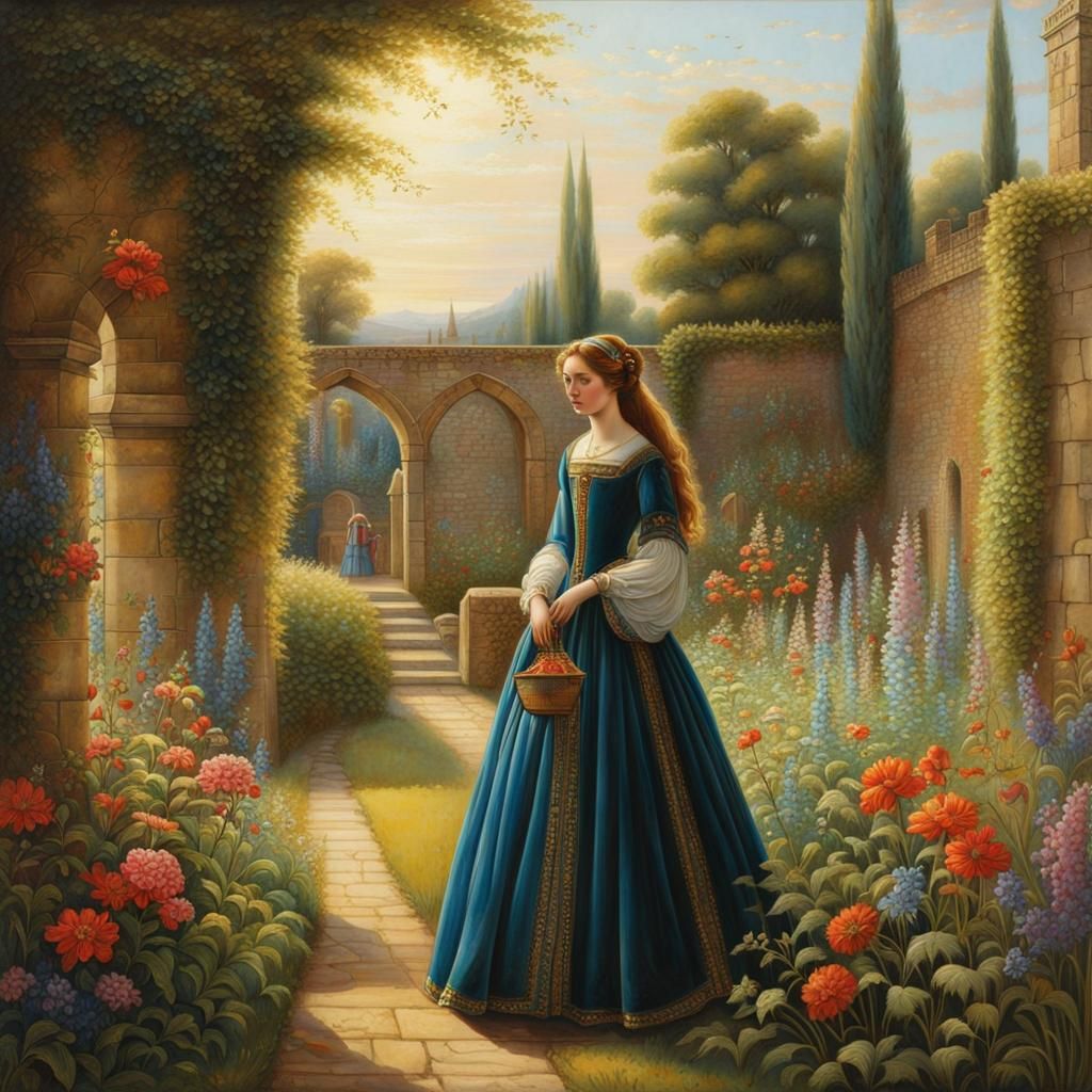 Medieval Maiden in Radiant Garden, Waterhouse Style