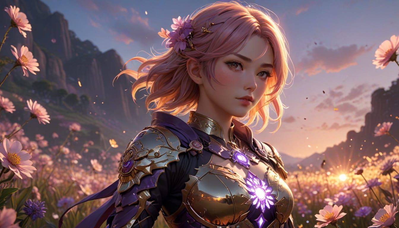 Anime Woman in Flower Field at Sunset