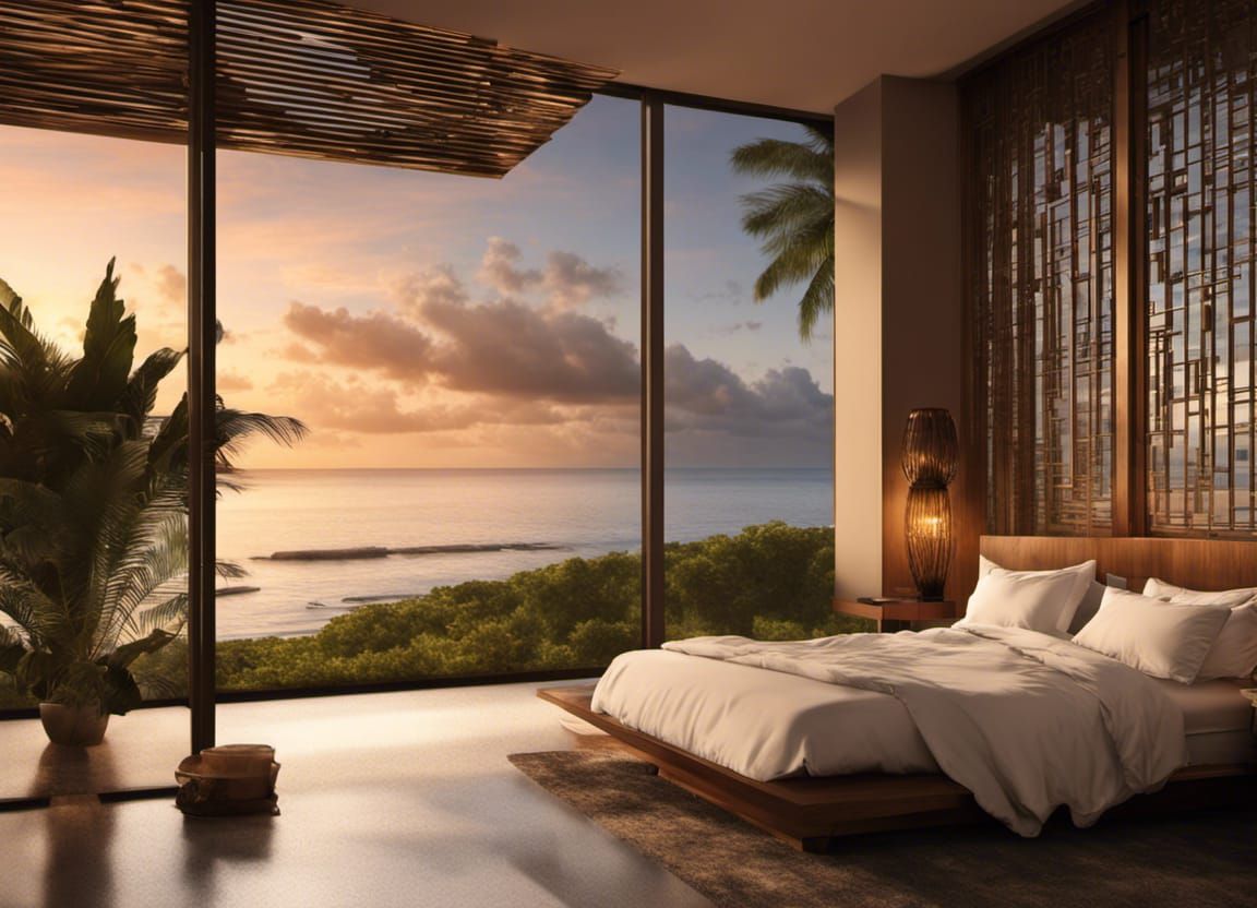Modern Tropical Beach Bedroom in Frank Lloyd Wright Style