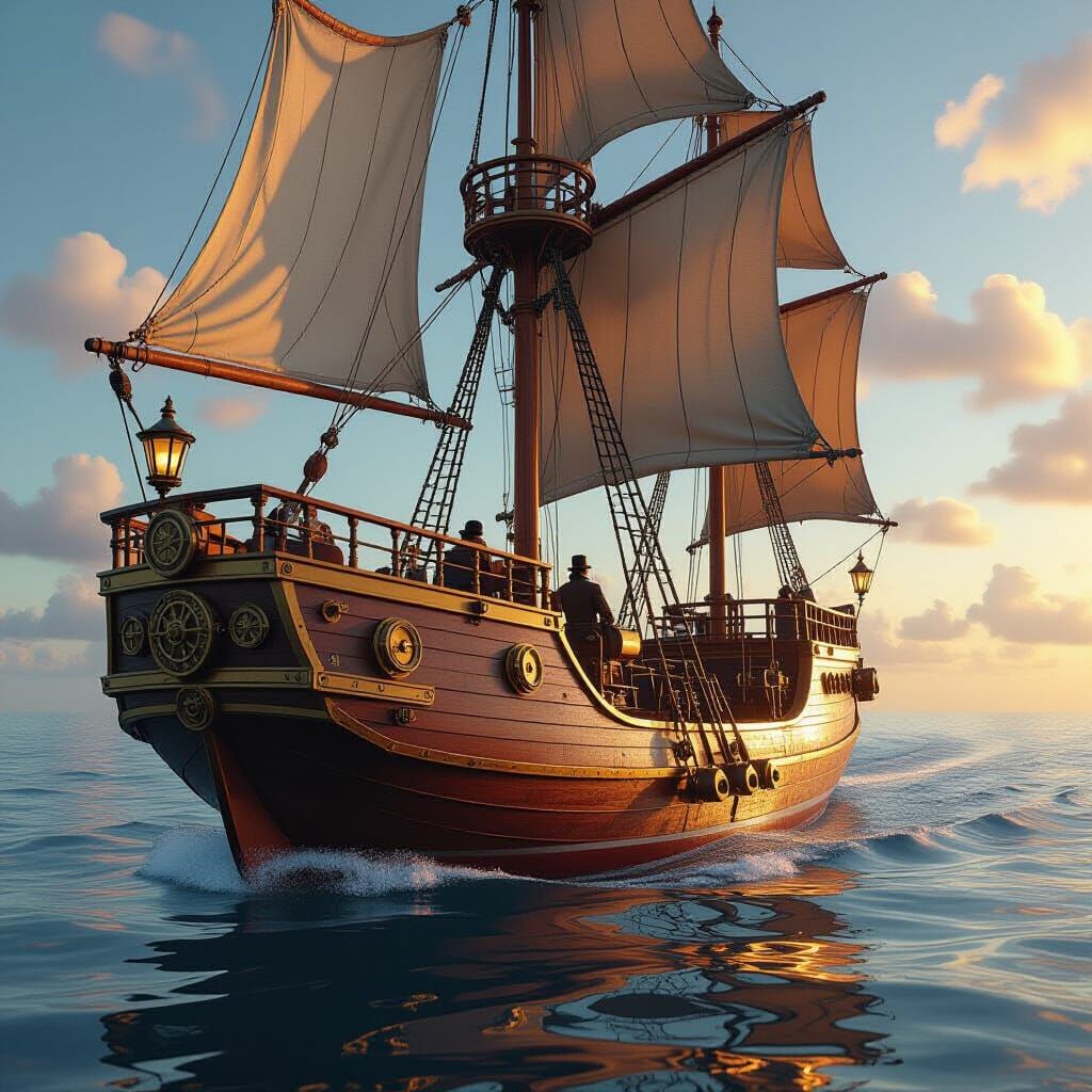 Steampunk Fantasy Boat on Calm Ocean in Photorealistic Style