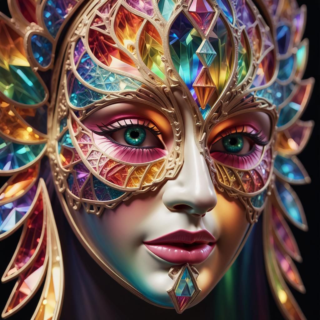 Glowing Crystalline Mask Reflecting Rainbow Prisms of Light