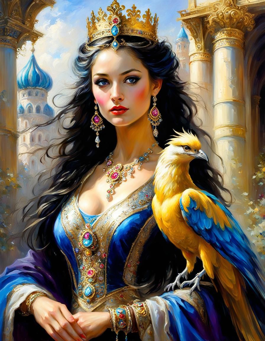 Russian princess Wassilissa with her gold feathered firebird