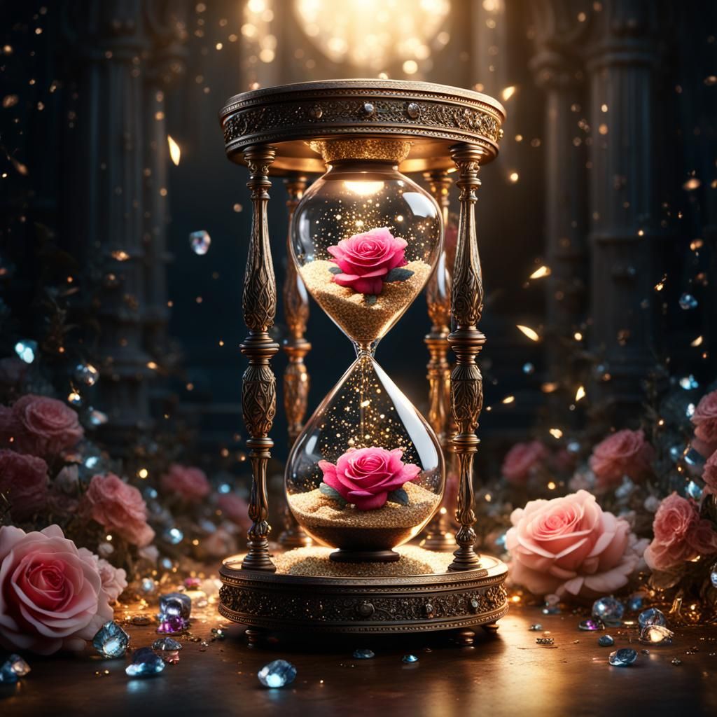 Hourglass with Fairy Gems and Roses in CGI Style