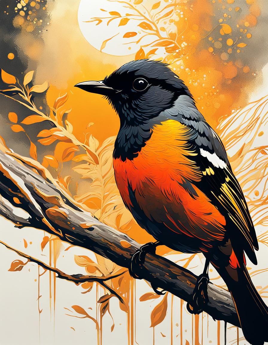 Flame Robin Portrait with Gold Accents