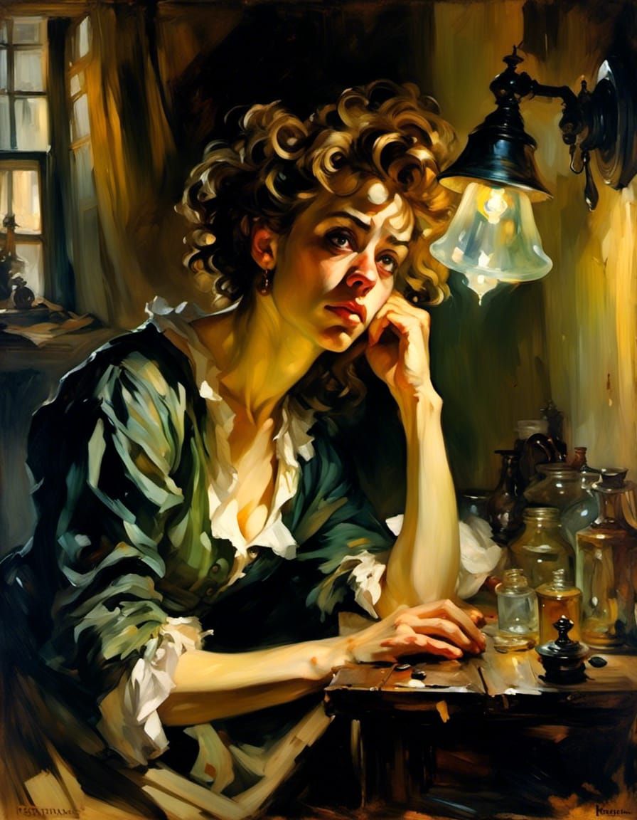 Chiaroscuro Portrait of Exhausted Woman at Vanity