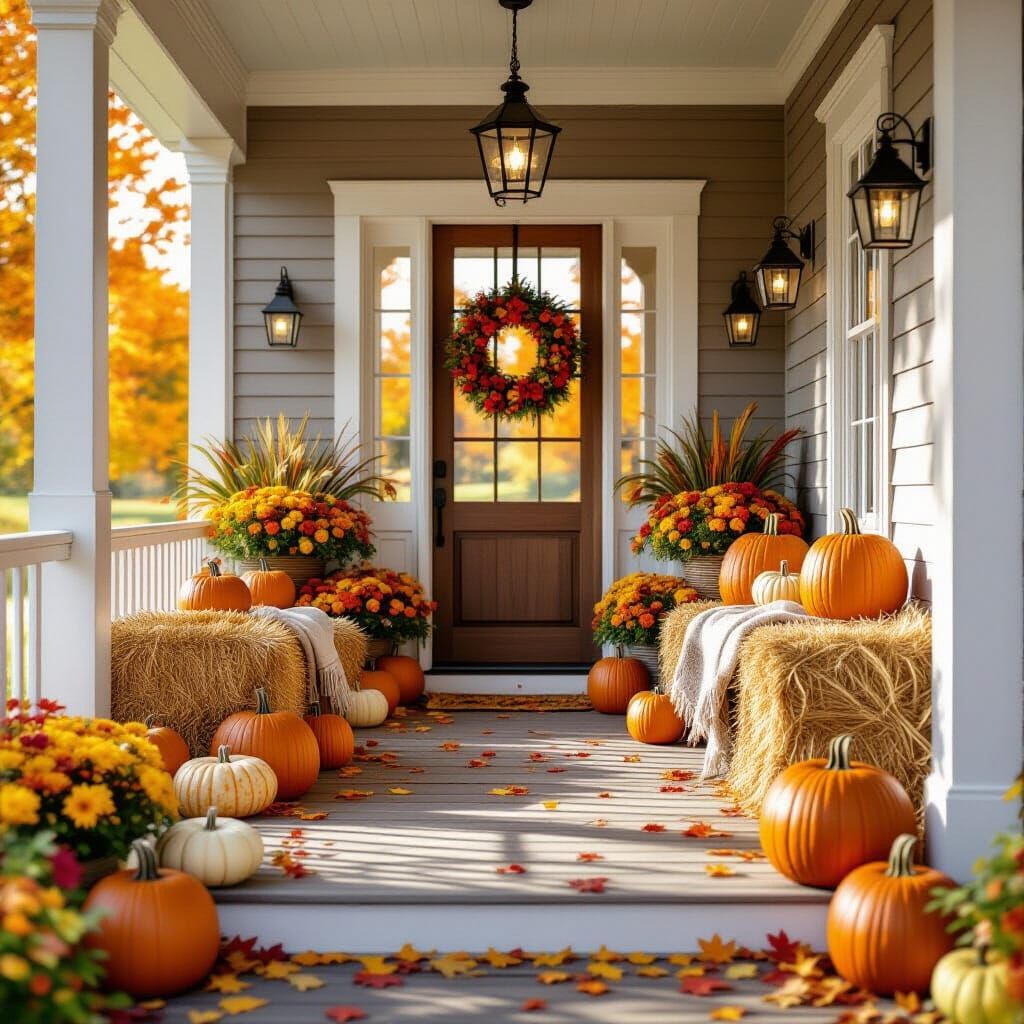 Fall Front Porch with Pumpkins and Hay Bales