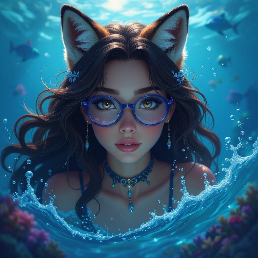 Fox-Human Girl Commands Water in Underwater Fantasy Art
