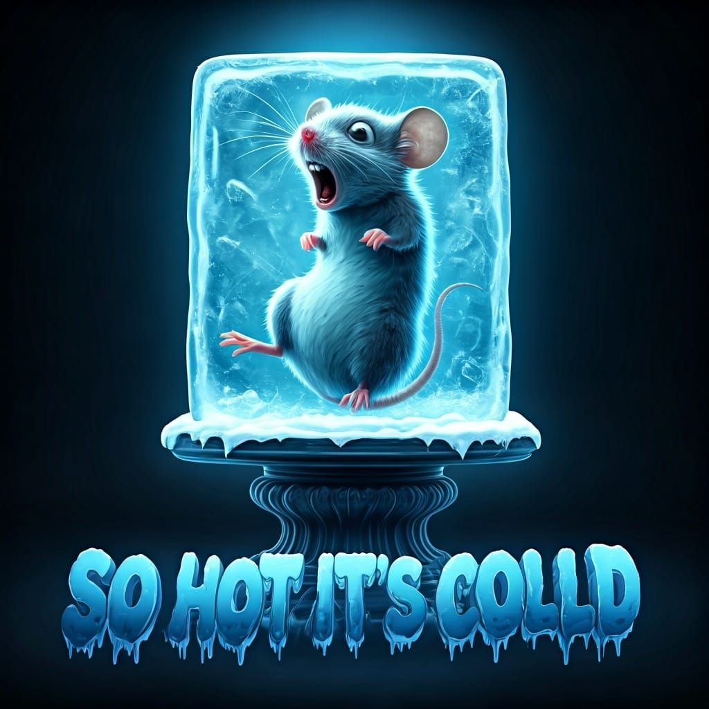 A tiny mouse, frozen mid-sprint in a block of neon ice blue, its body splayed out in a terrified pose with large, bulgin...