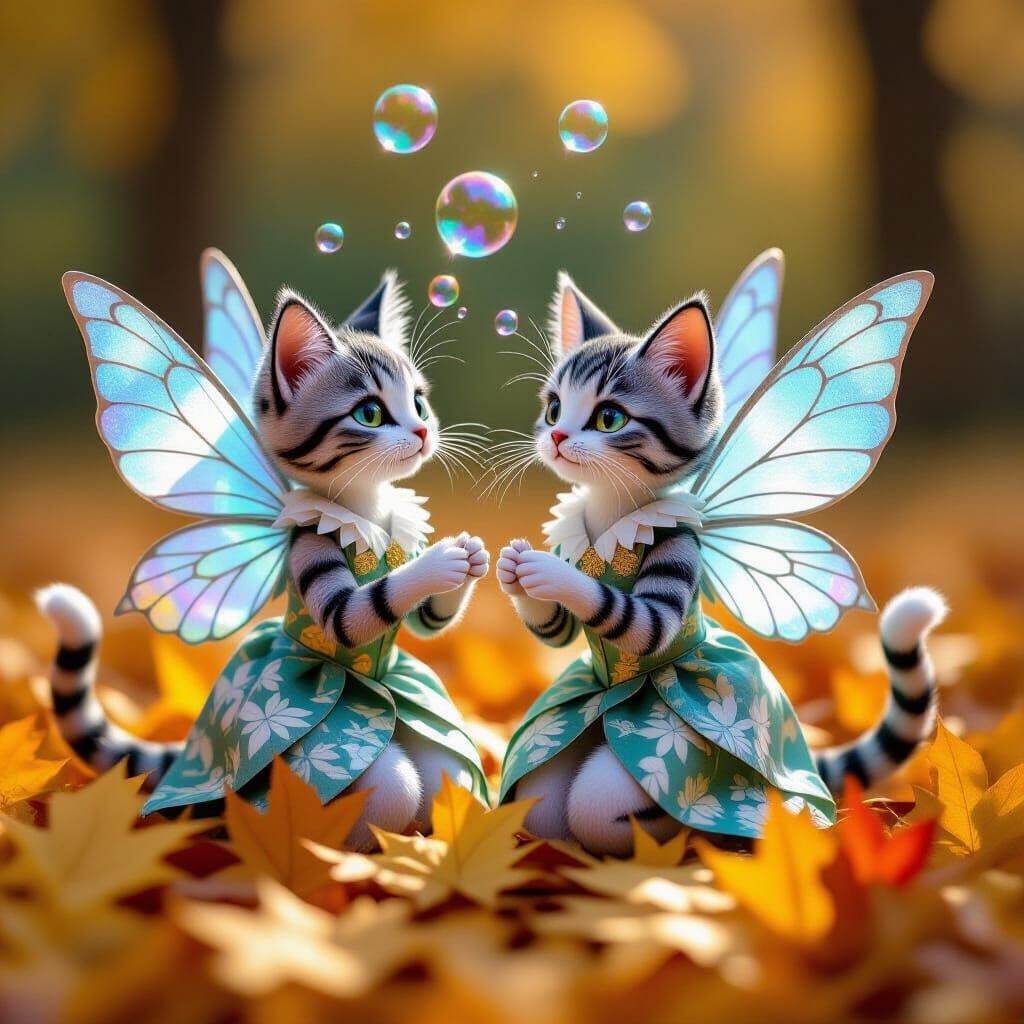Origami Cat Fairies Hugging Amidst Autumn Leaves