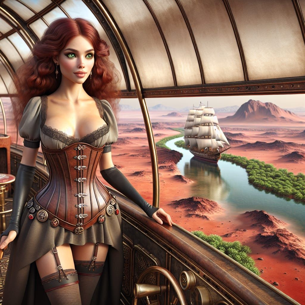 Steampunk Airship Maiden Over Martian Desert Canal