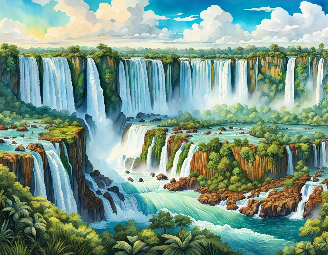 Glorious Iguazu Falls: Maximalist Watercolor Landscape