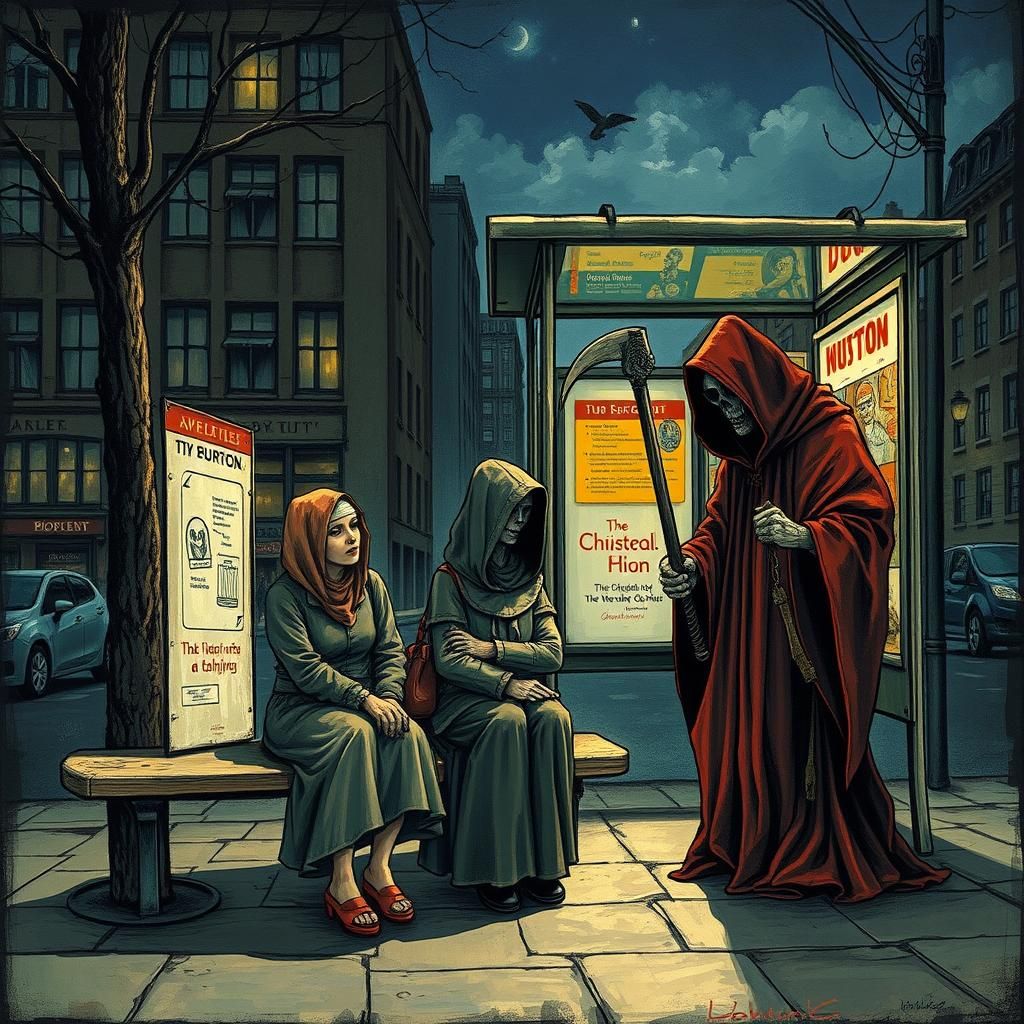 Humans and Grim Reaper waiting at Bus Stop