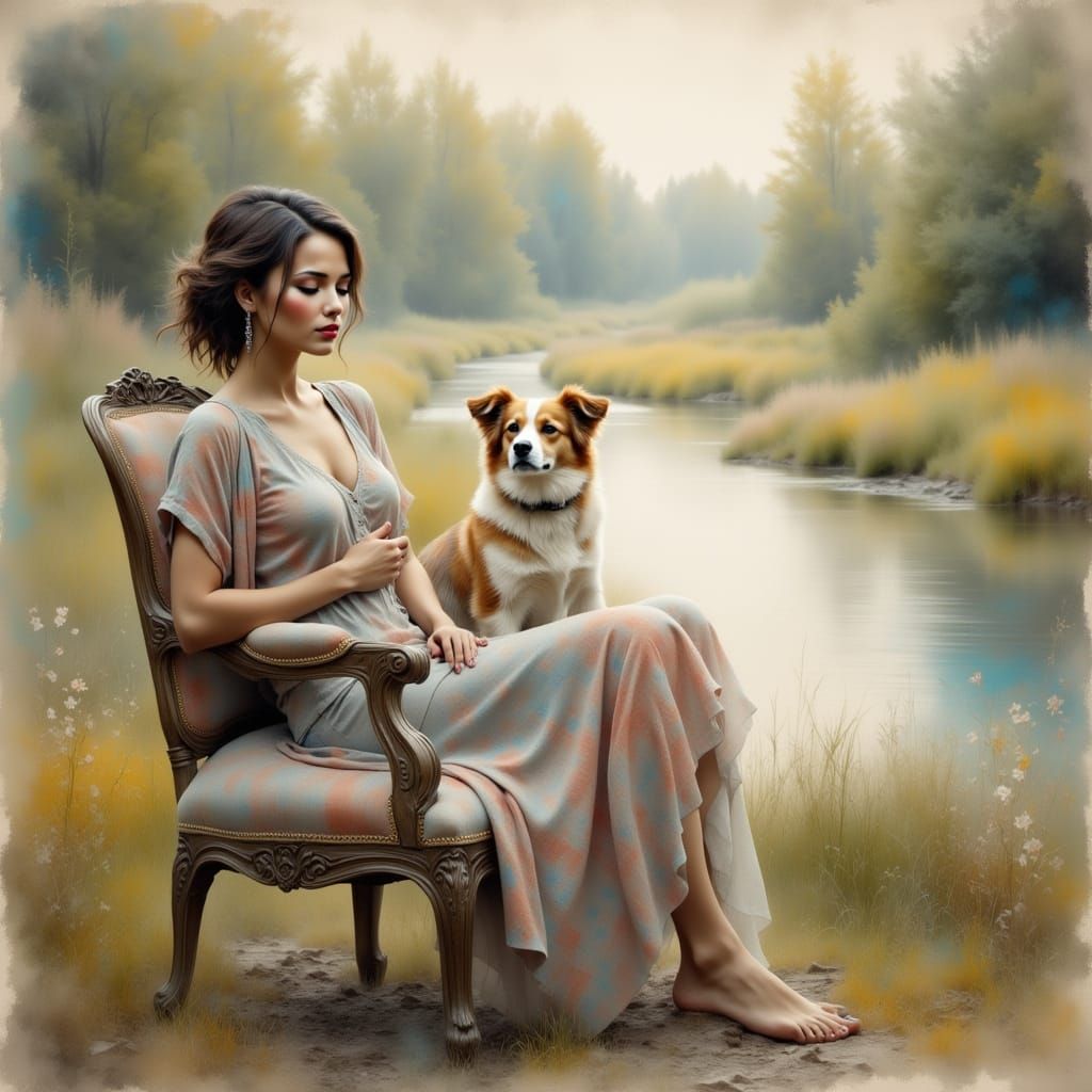 Woman and Dog in Dreamy Impressionist Landscape