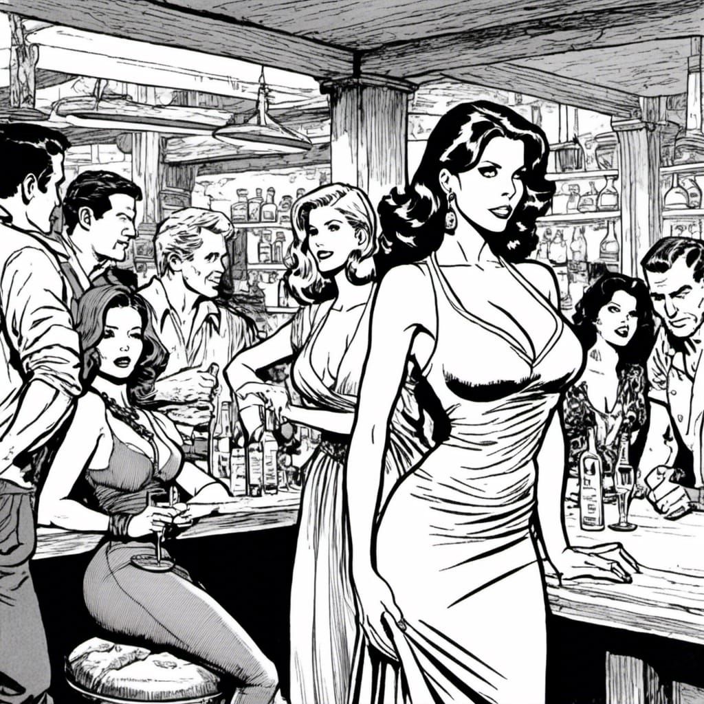 Tavern Wench in Black Ink Comic Style