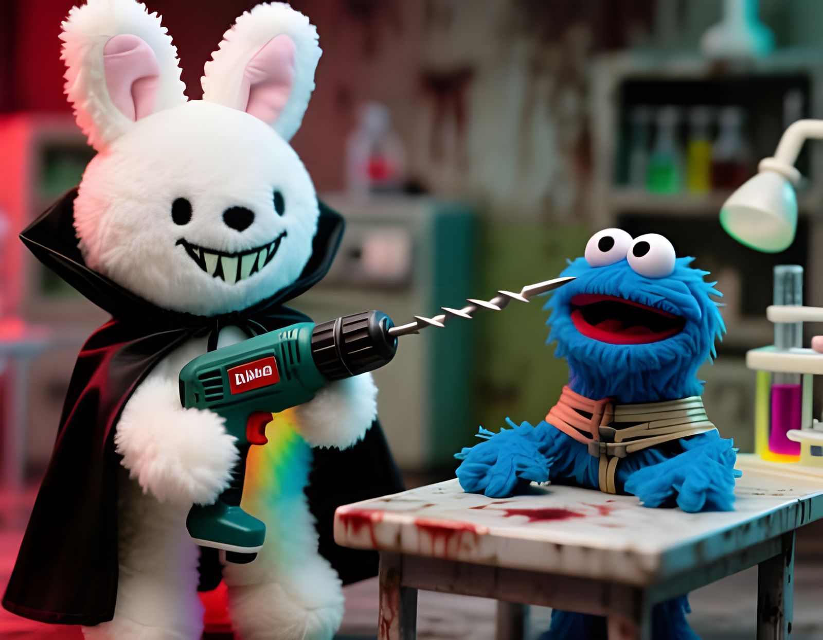 Labubu Plush Toy Horror Parody with Drill