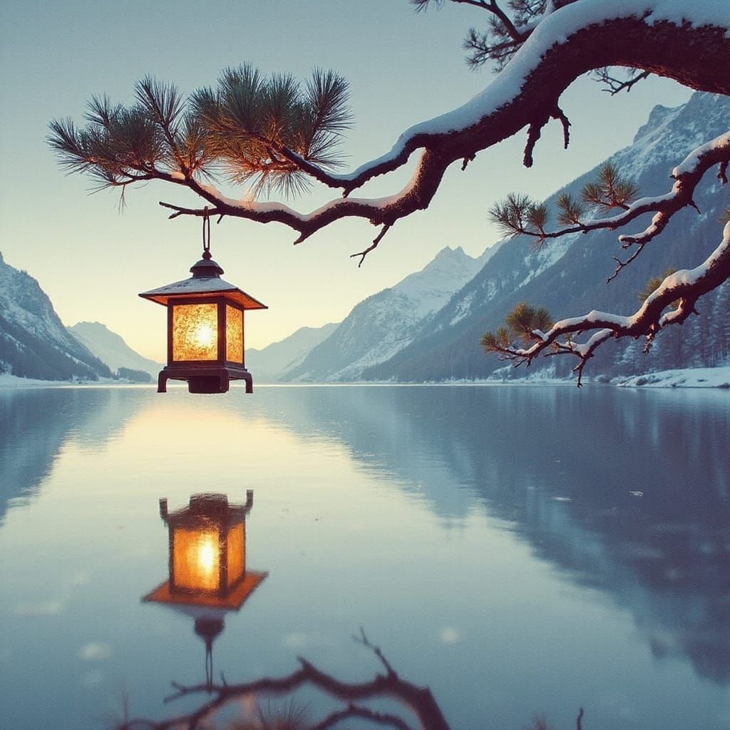 Lantern Light on Snowy Mountain Lake
