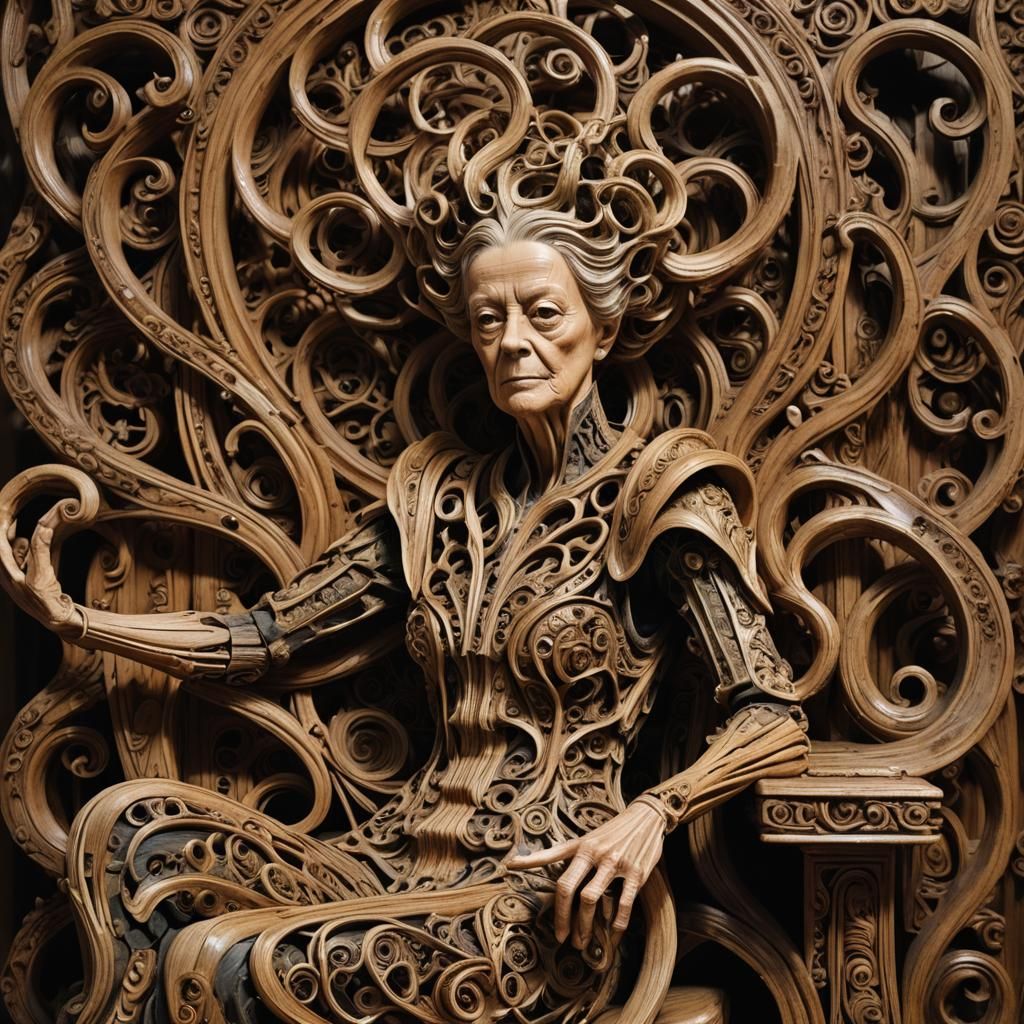 Surreal Wood Sculpture of Woman in Ornate Chair
