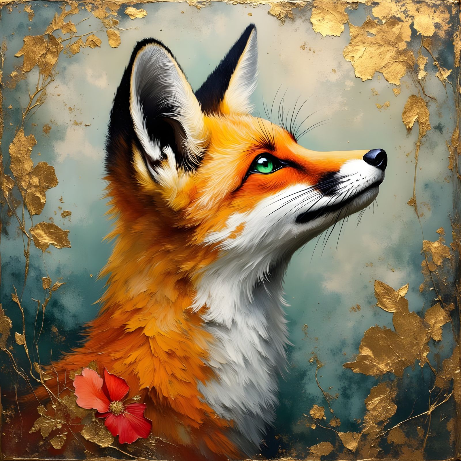 Fox Portrait with Gold Leaves in Impasto Style