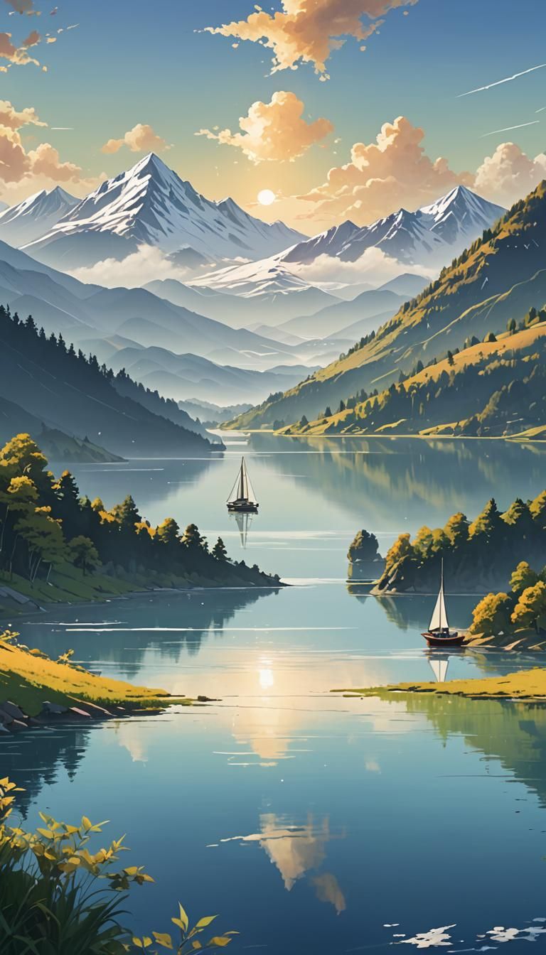 Serene Lake with Sailboat in Anime Key Visual