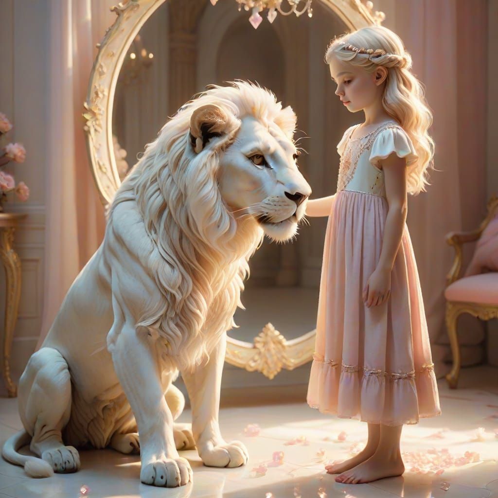 White Lion and Girl in Dreamlike Fantasy