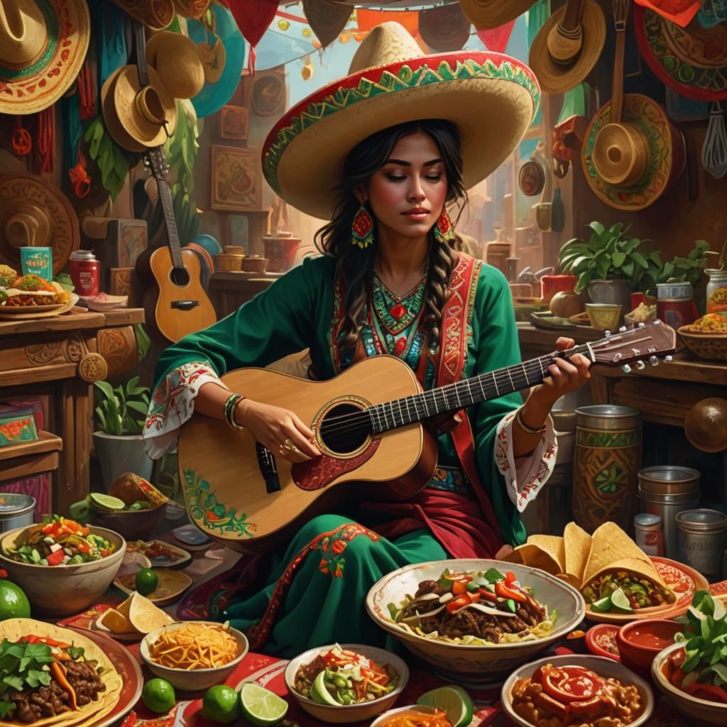 Mexican Woman with Guitar and Food, Digital Art