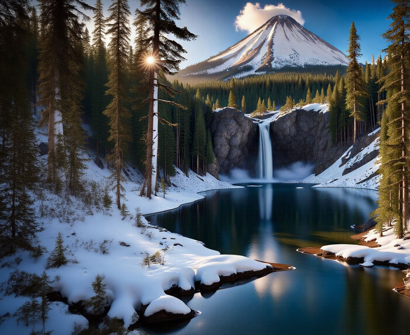 Coniferous Forest with Waterfall and Distant Volcano