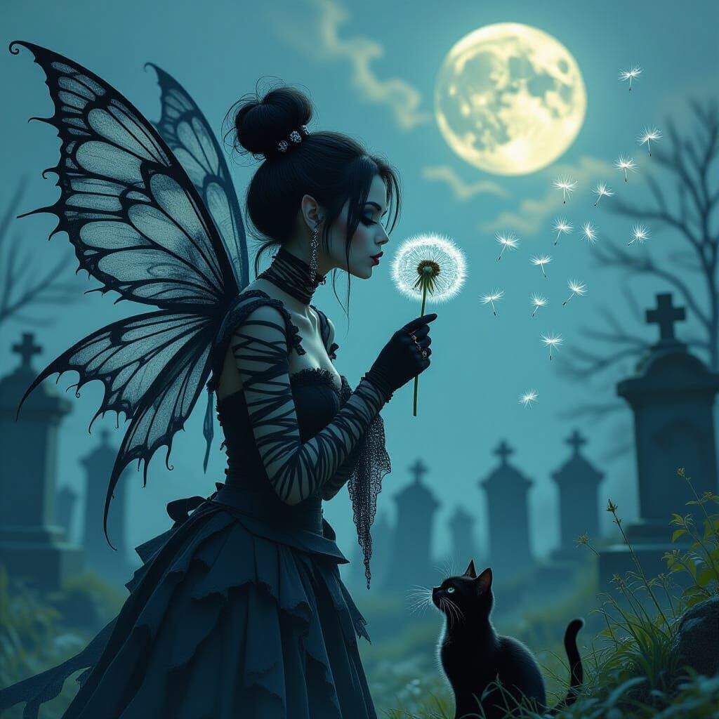 Gothic Fairy in Cemetery with Dandelion Seeds