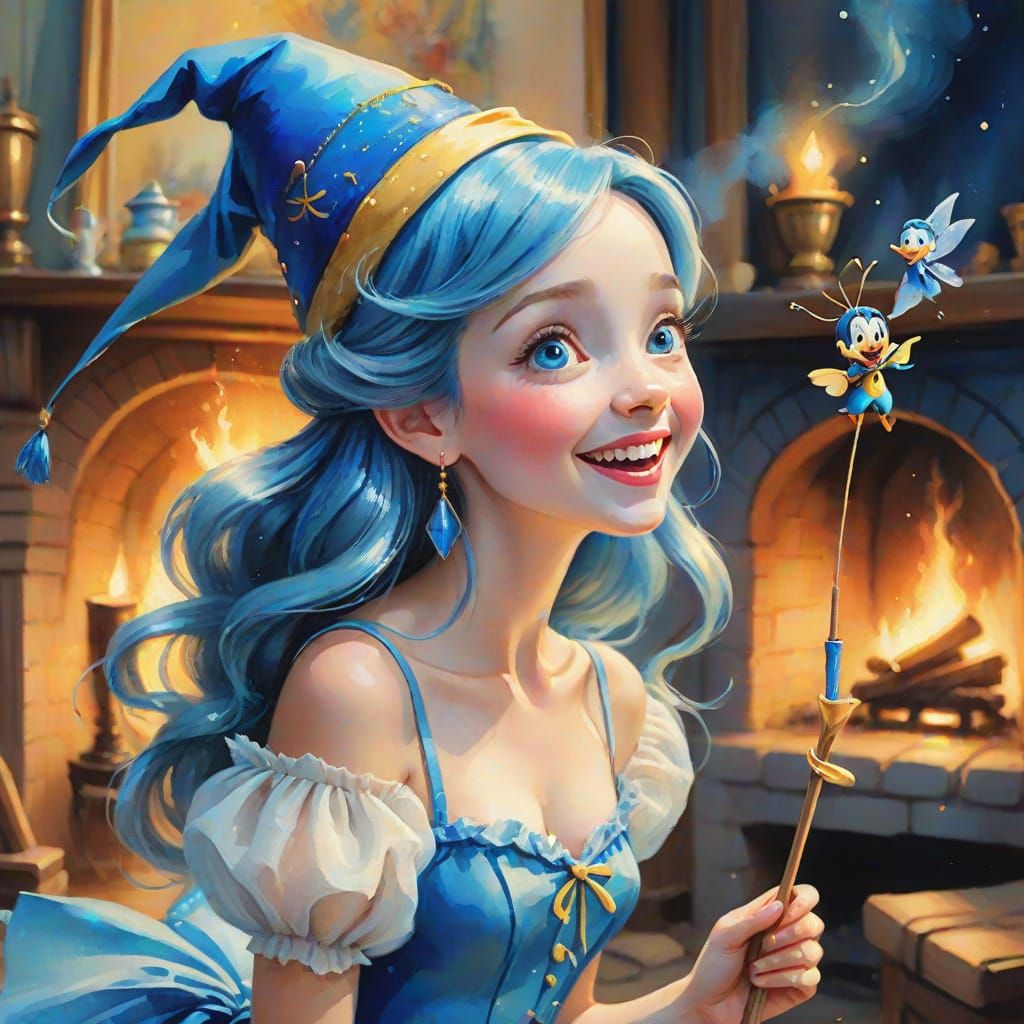 Blue Fairy and Pinocchio in Whimsical Art Style