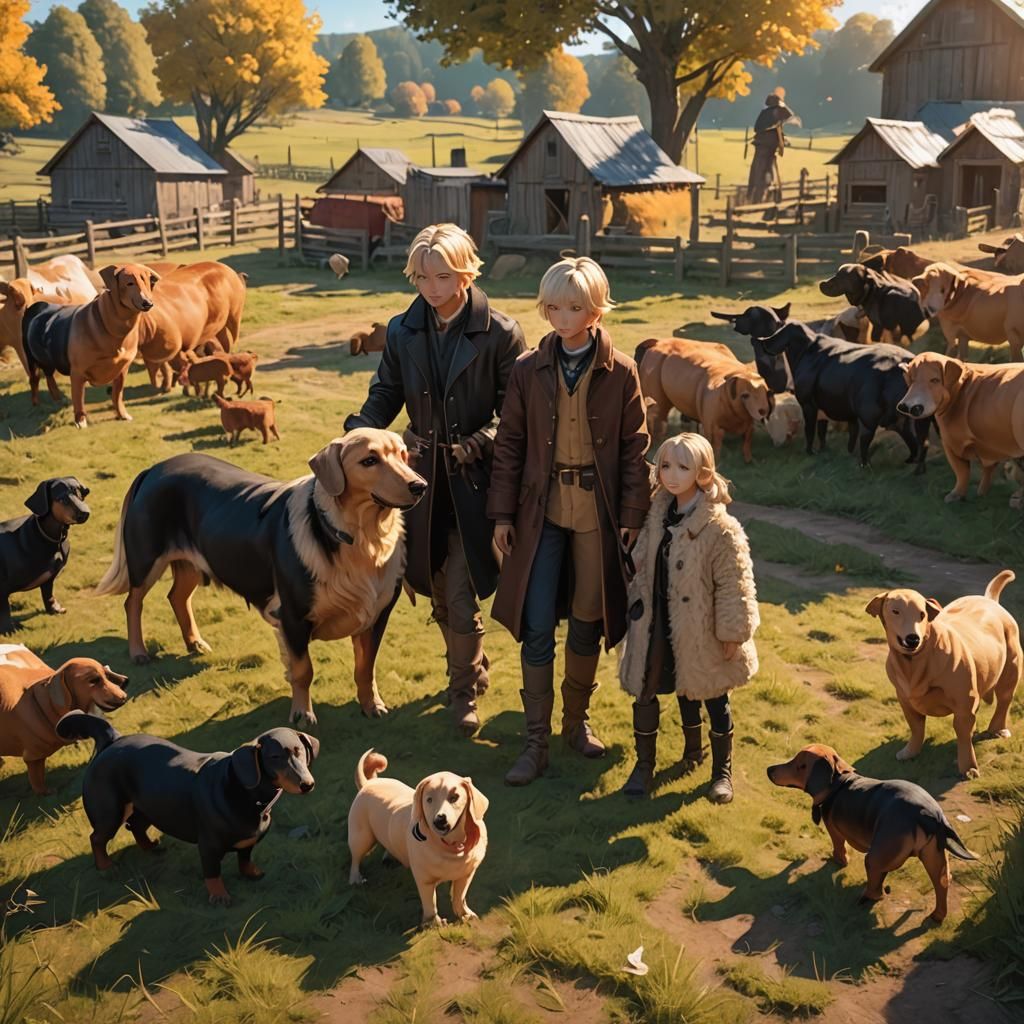 Anime Family on Farm with Cow and Dachshunds