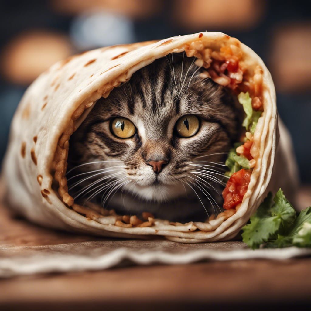 Hyperrealistic Cat Inside a Burrito, Detailed Image