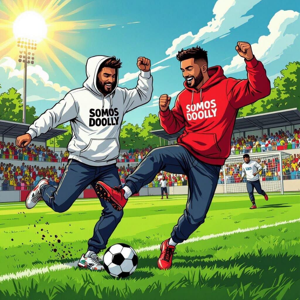 Two Men in "Somos Dooly" Hoodies on Soccer Field