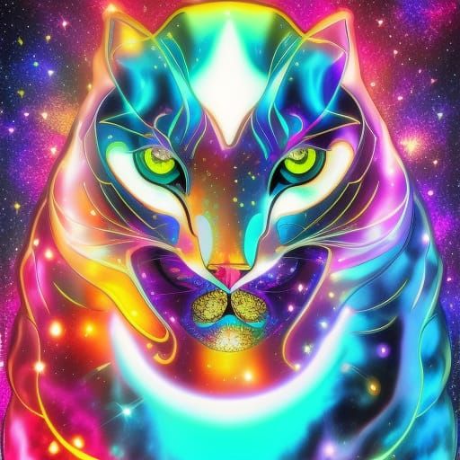Neon Cosmic Cat Statue with Crystal Ball
