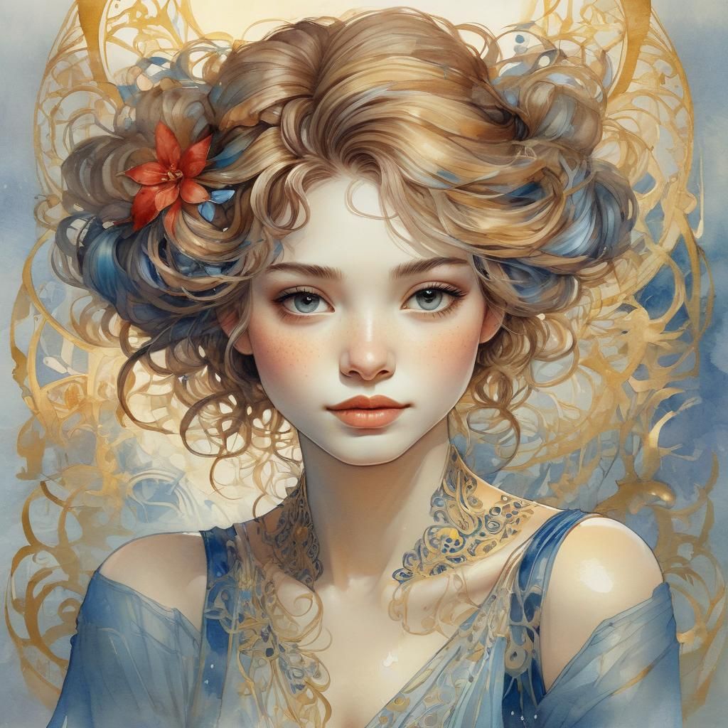 Watercolor Portrait of Girl in Art Nouveau Style