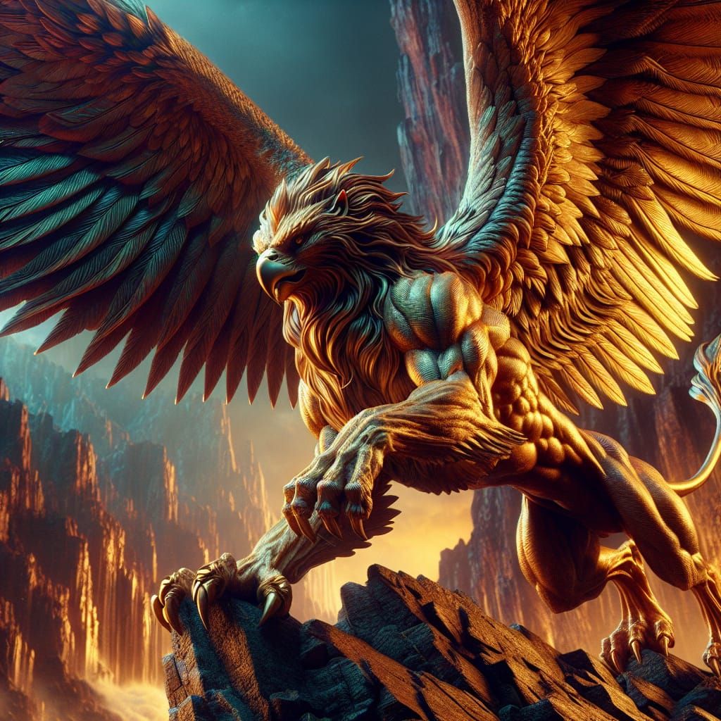 Golden Griffin Ready for Flight: Hyperrealistic Concept Art