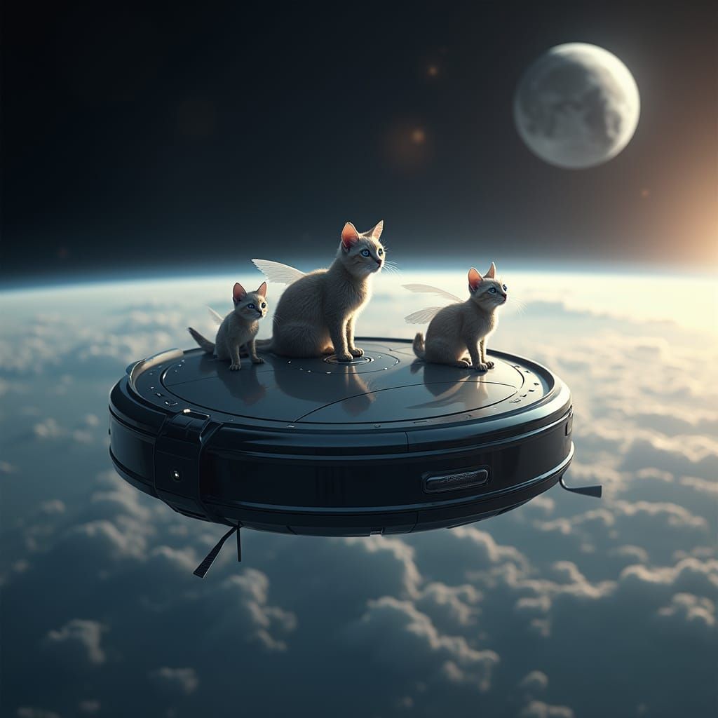 Surreal Space Odyssey: Roomba Spaceship with Feline Aliens