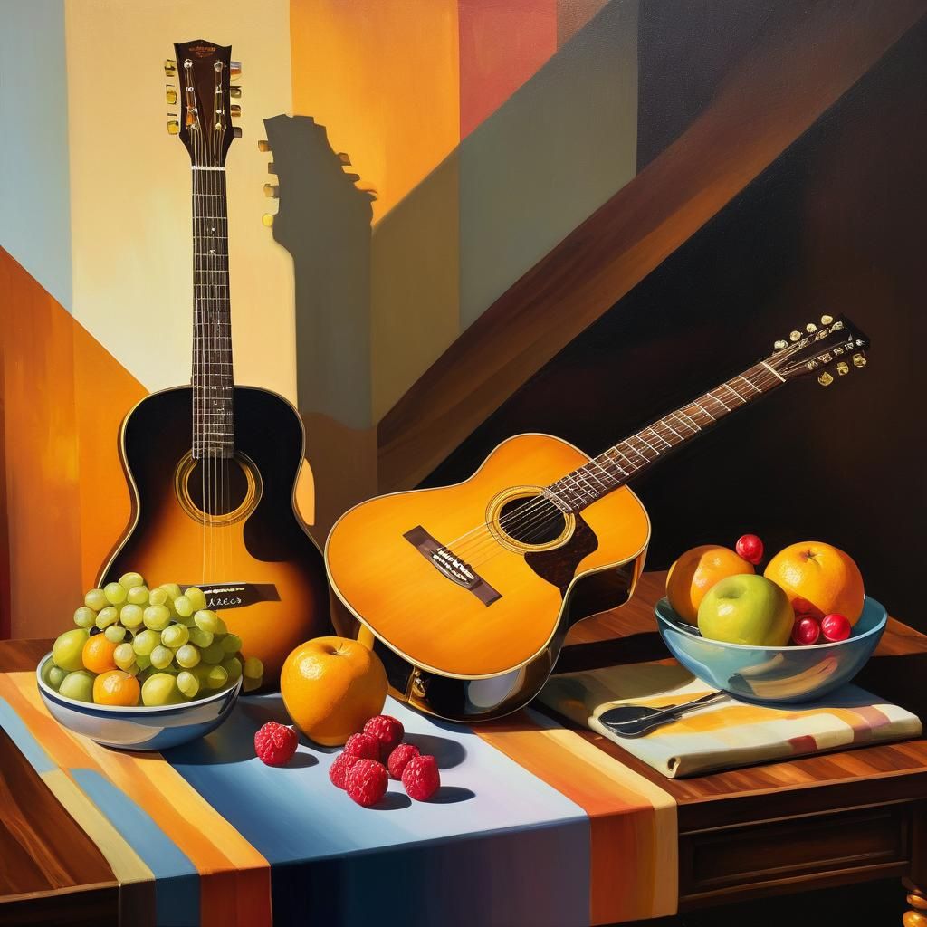 Still Life with Guitar in Cubist Oil Painting Style