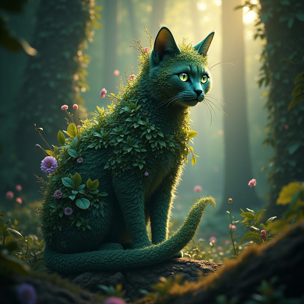 Fantastical Plant Feline in an Enchanted Forest