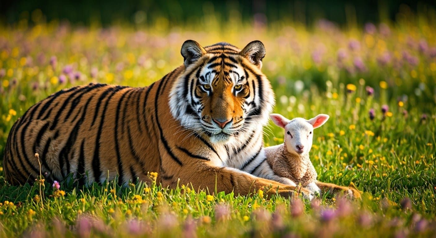 Tiger and Lamb: Harmony in a Wildflower Meadow