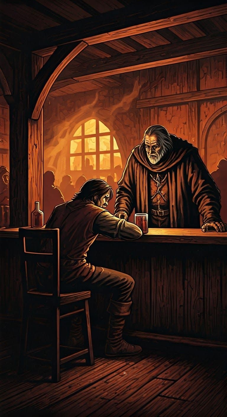 Grim Medieval Tavern Scene in 1970s Fantasy Art Style