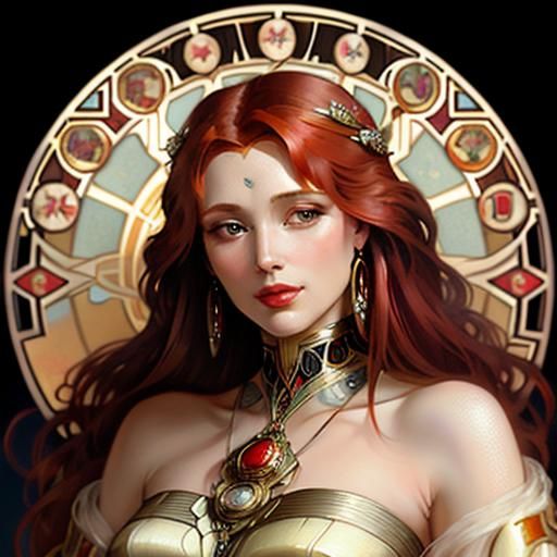 Art Deco Redhead Portrait in Mucha Style
