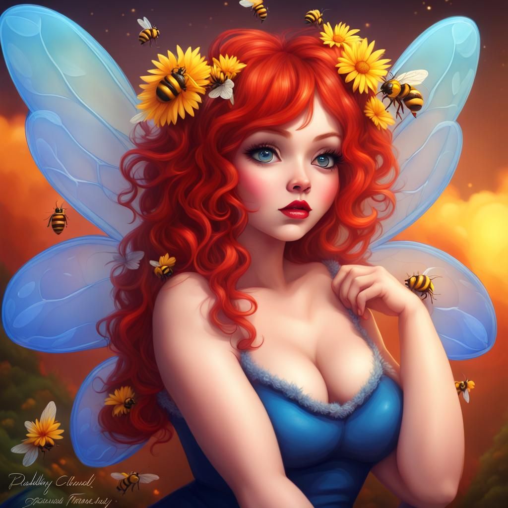 Honeybee Fairy with Red Hair in Flight
